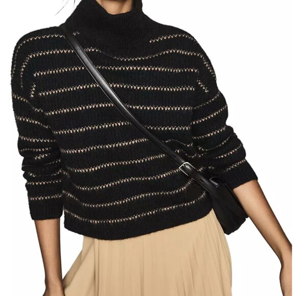 Reiss Sweaters - Reiss Cammie Striped Knit Sweater Cropped Black Cream Size M Funnel Neck Zip